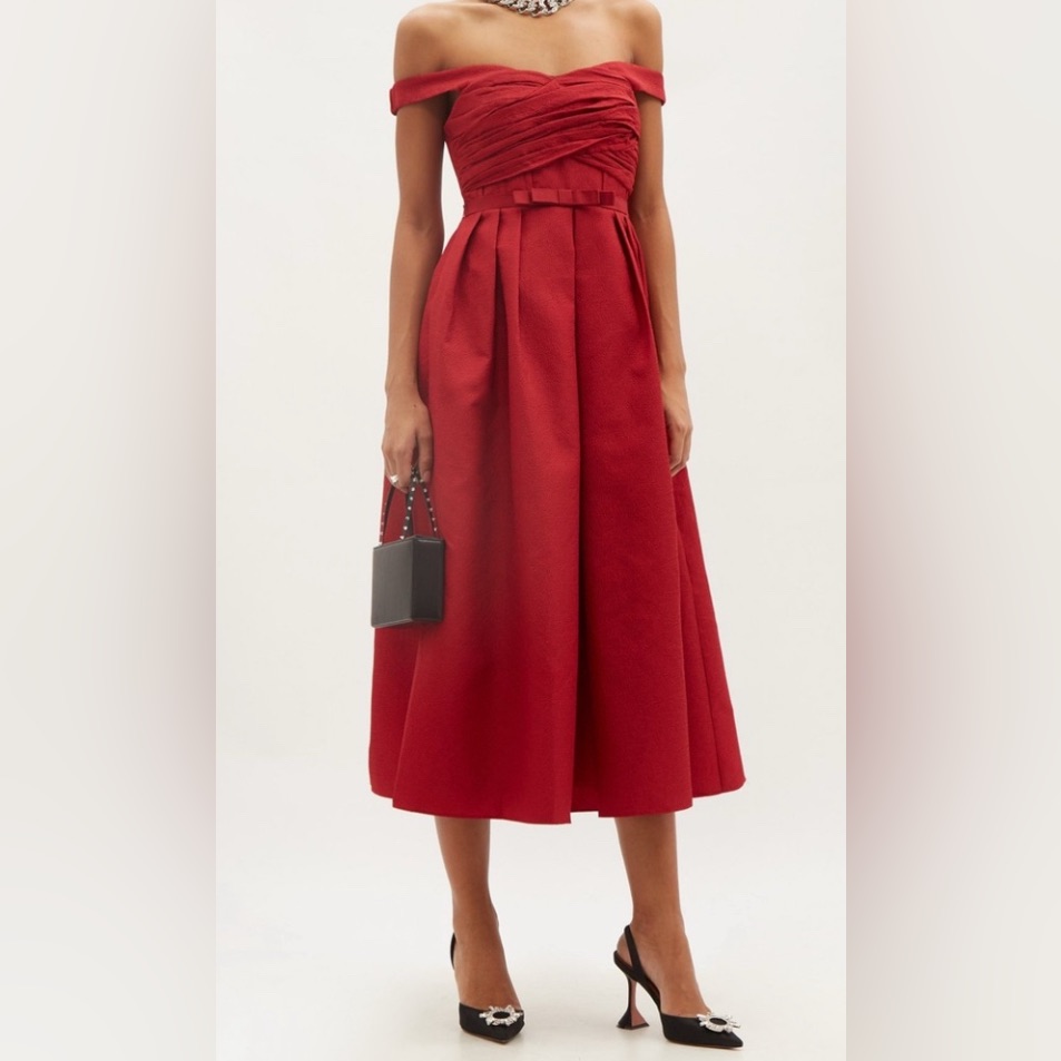 Nwt Self-Portrait Textured Off Shpulder Midi Dress-Red